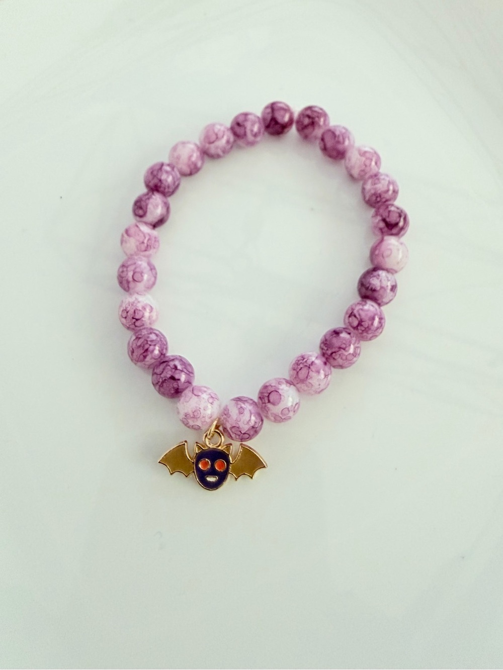 Purple Marbled Bead Bracelet with Gold Bat Charm Kawaii Goth Halloween Jewelry
